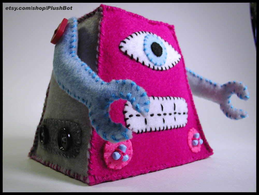Large PlushBot 1138-21 Handmade Pink Heart Plush Robot Plushie Softy