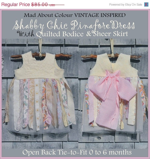 SALE VinTaGE SHaBBy CHiC Newborn to 6 month Fabric Baby PiNafore Dress PHoTo PRoP Sheer Skirt Floral Fringe QUiLTeD Panel OpeN BaCk Pink Ti