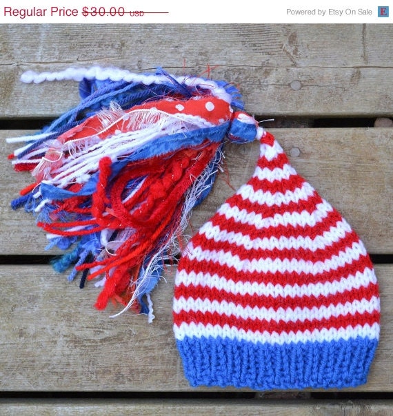 SALE Newborn Hat Baby Photo Prop Super Tassled Thin Stripe Knit PATRIOT USA CHuCkles Cap Boy Girl Unigender Blue White Red In SToCk