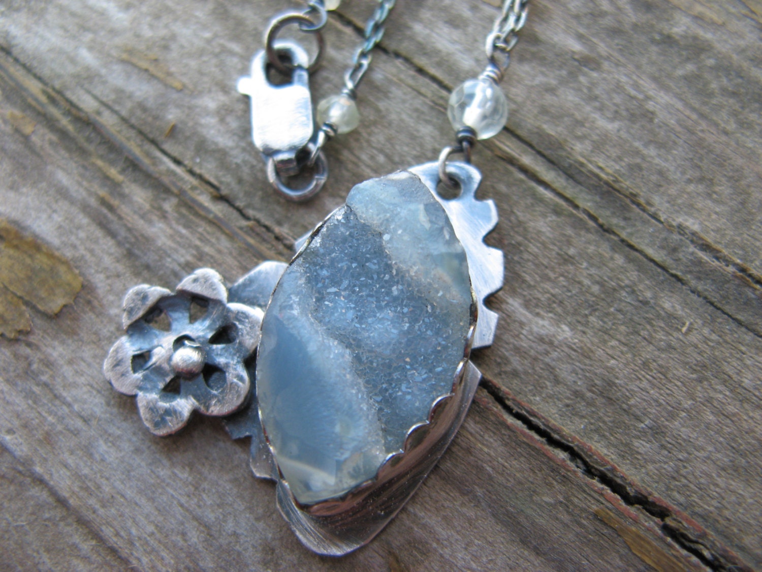 chalcedony drusy necklace - funky flower metalwork and oxidized silver