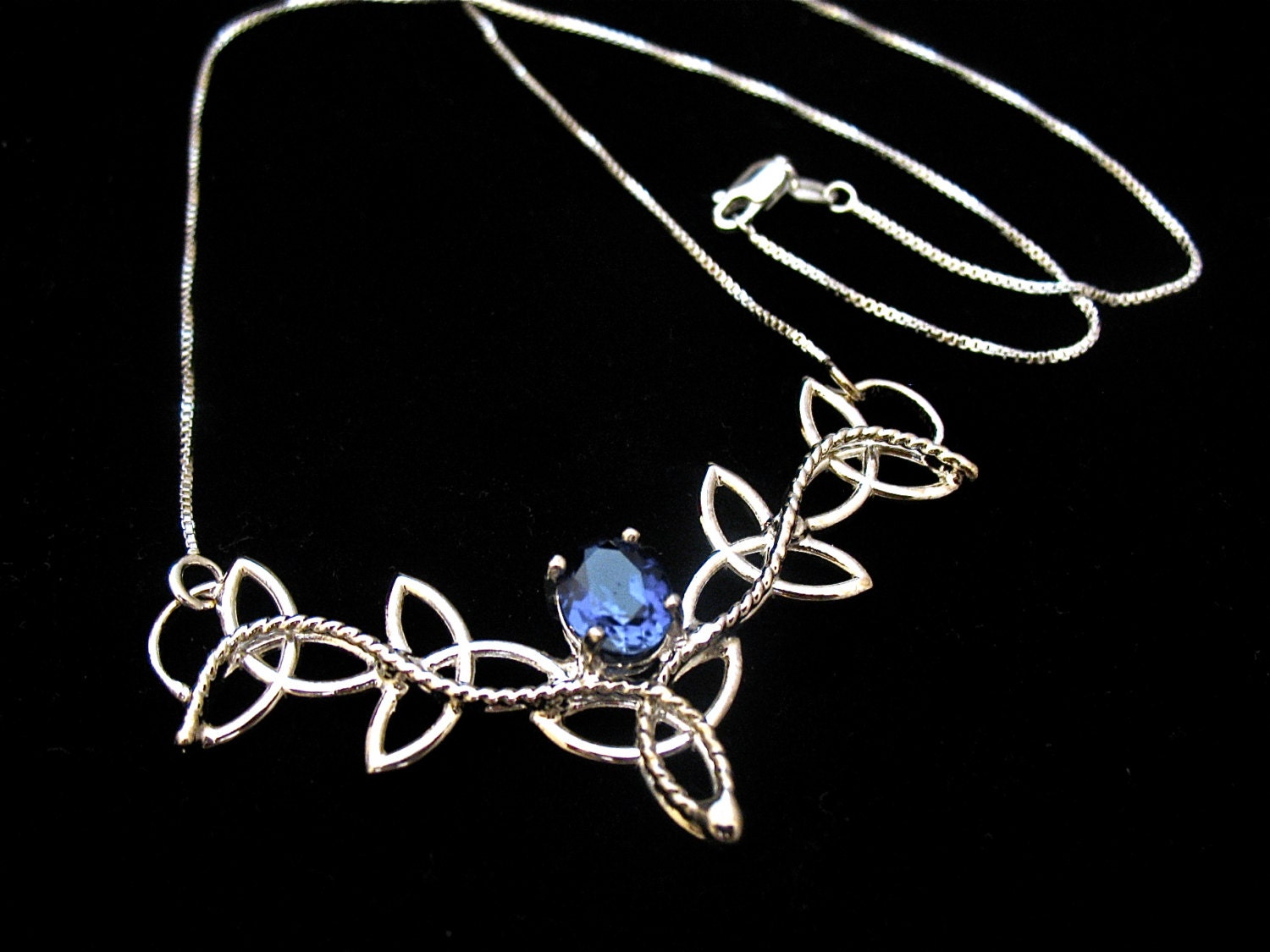 Sapphire Celtic Trinity Knot Pendant Necklace, Handmade Sterling Silver, 16 Inch Box Chain Attached