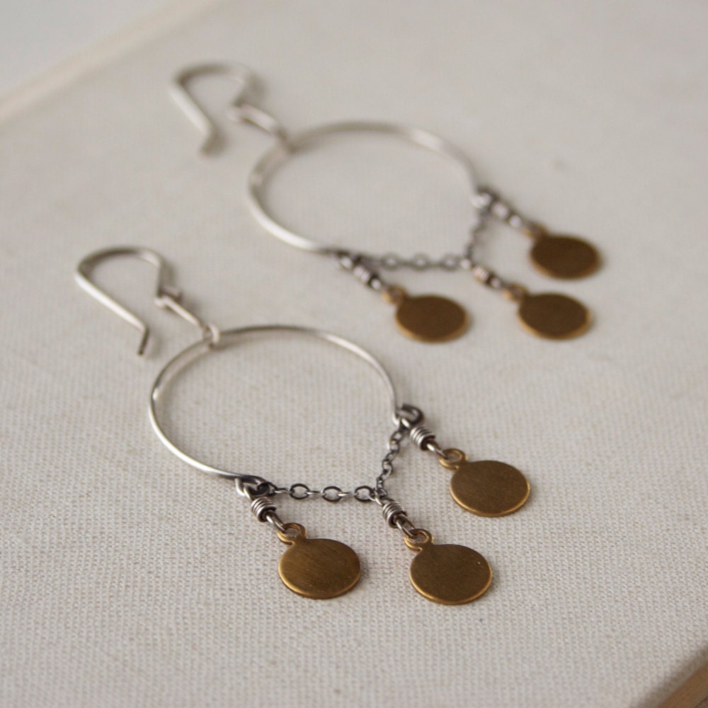Triple Coin Earrings- vintage brass, sterling silver.
