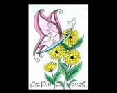 Original Watercolor Painting - Fantasy Butterfly and Zinnias - ACEO - ATC - SFA - Scrapbooking - Carlson 164