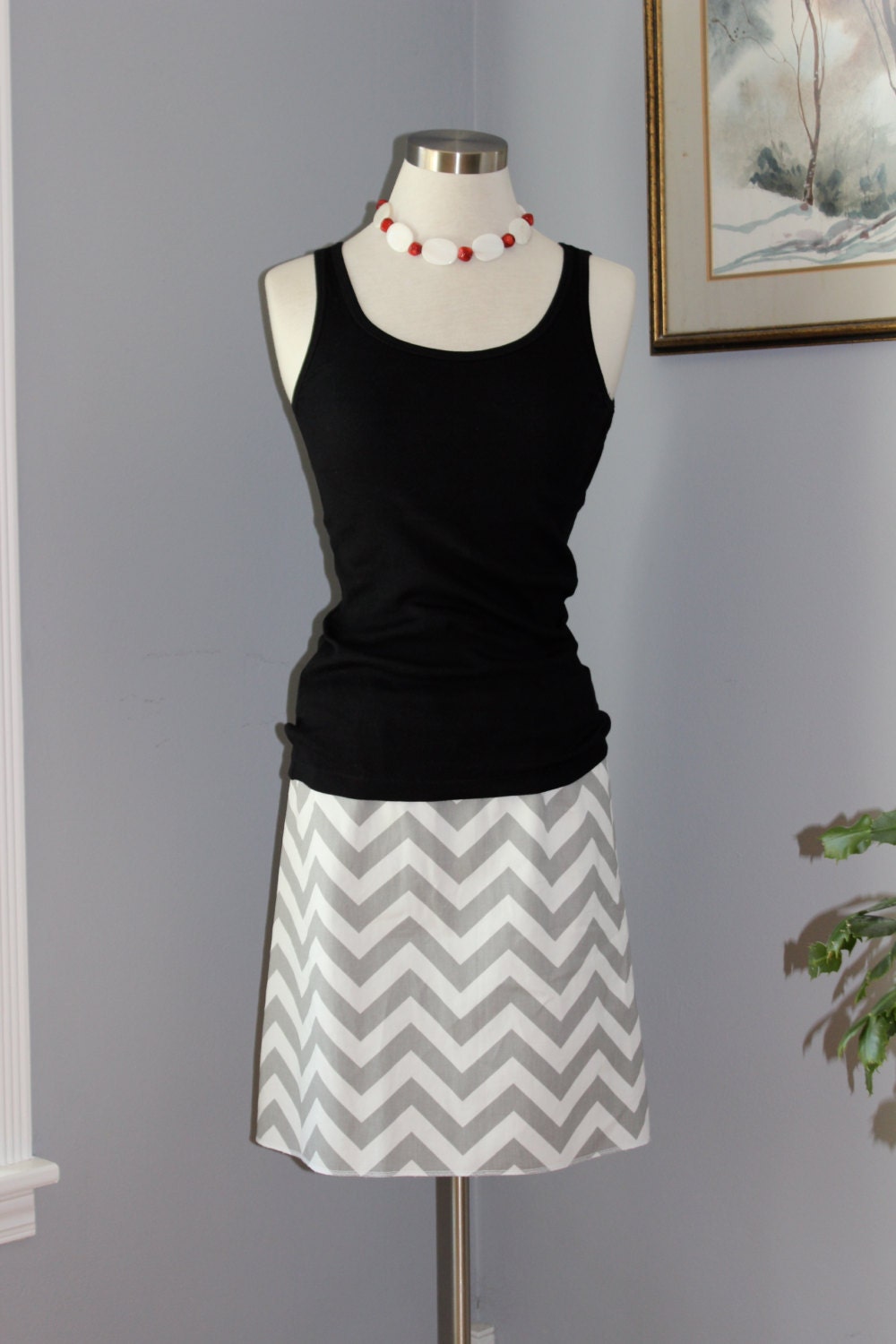 grey and white cheveron aline skirt available in xs and sm