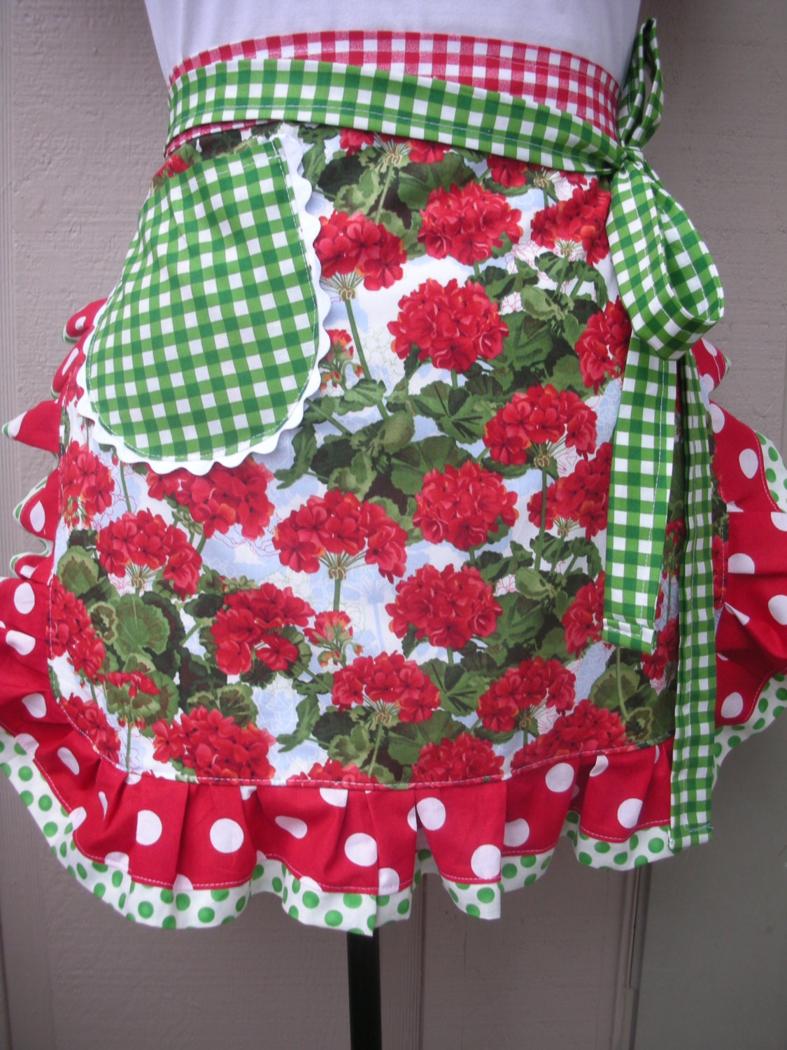 Aprons - Red Geranium Half Apron - Womens Flower Aprons