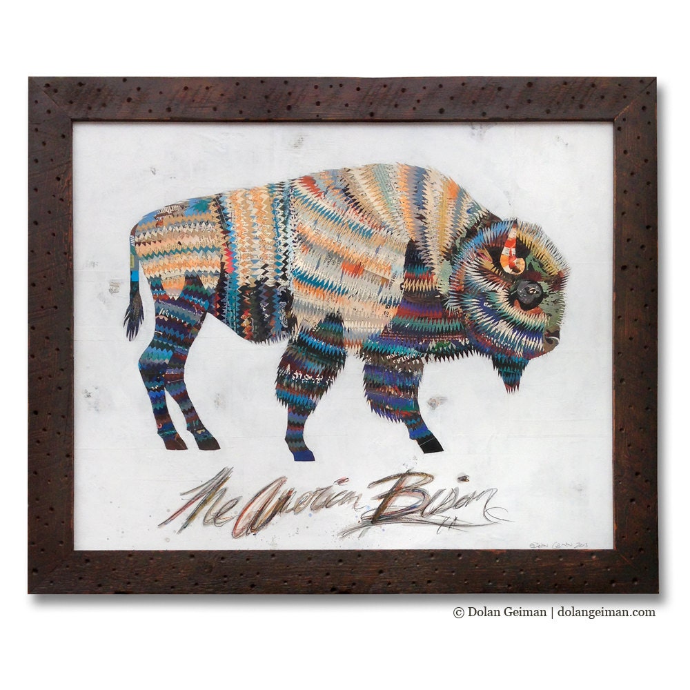 Natural History Buffalo Collage, American Heritage Collection: Bison, Mixed Media Vintage Paper Collage, Made To Order