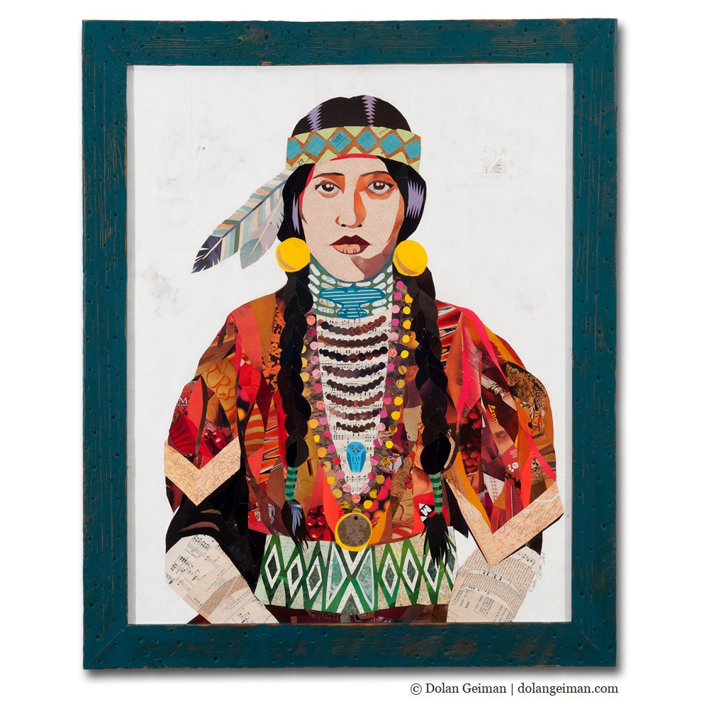 Tribal Art Portraiture, American Heritage Collection: Sister, Native Americana Vintage Paper Collage, Made To Order