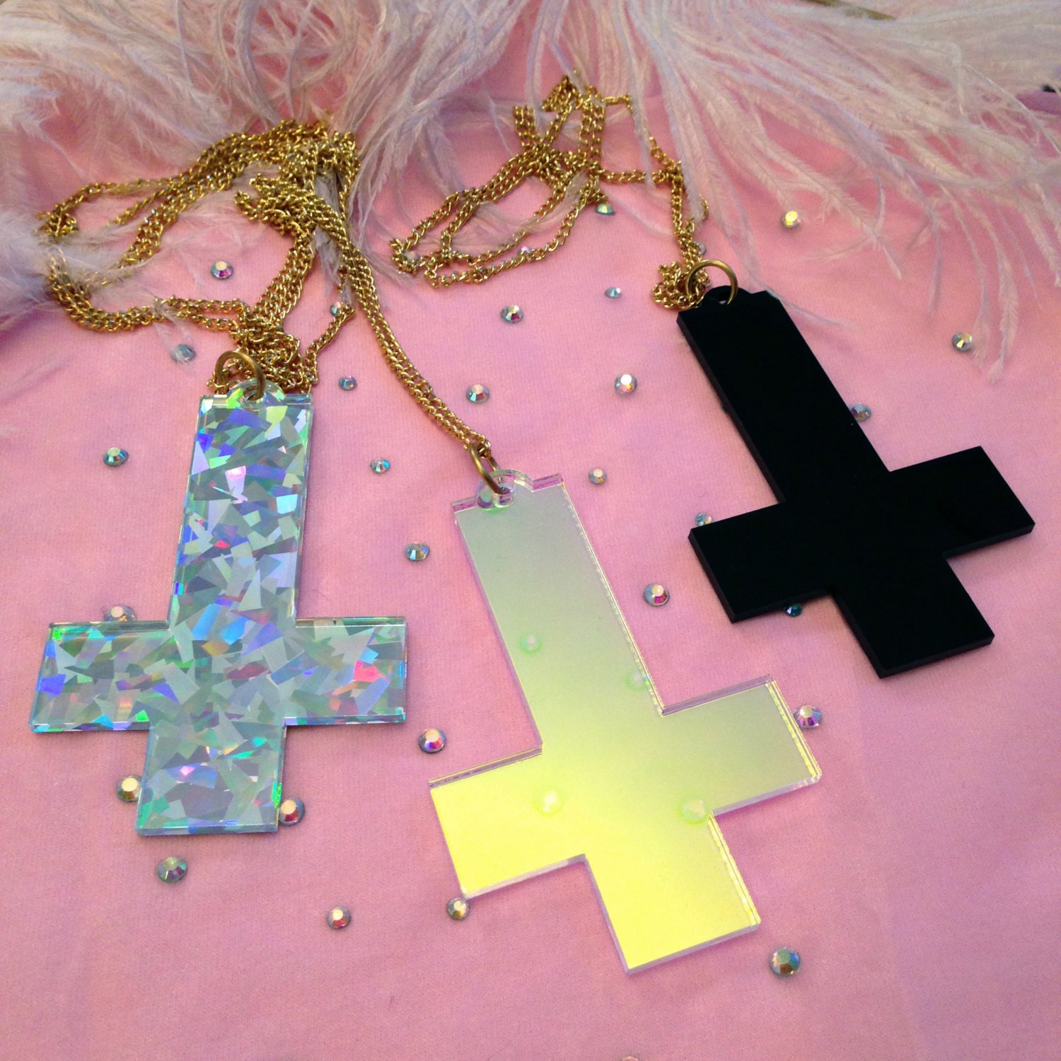Silver Confetti Acrylic Inverted Cross Necklace