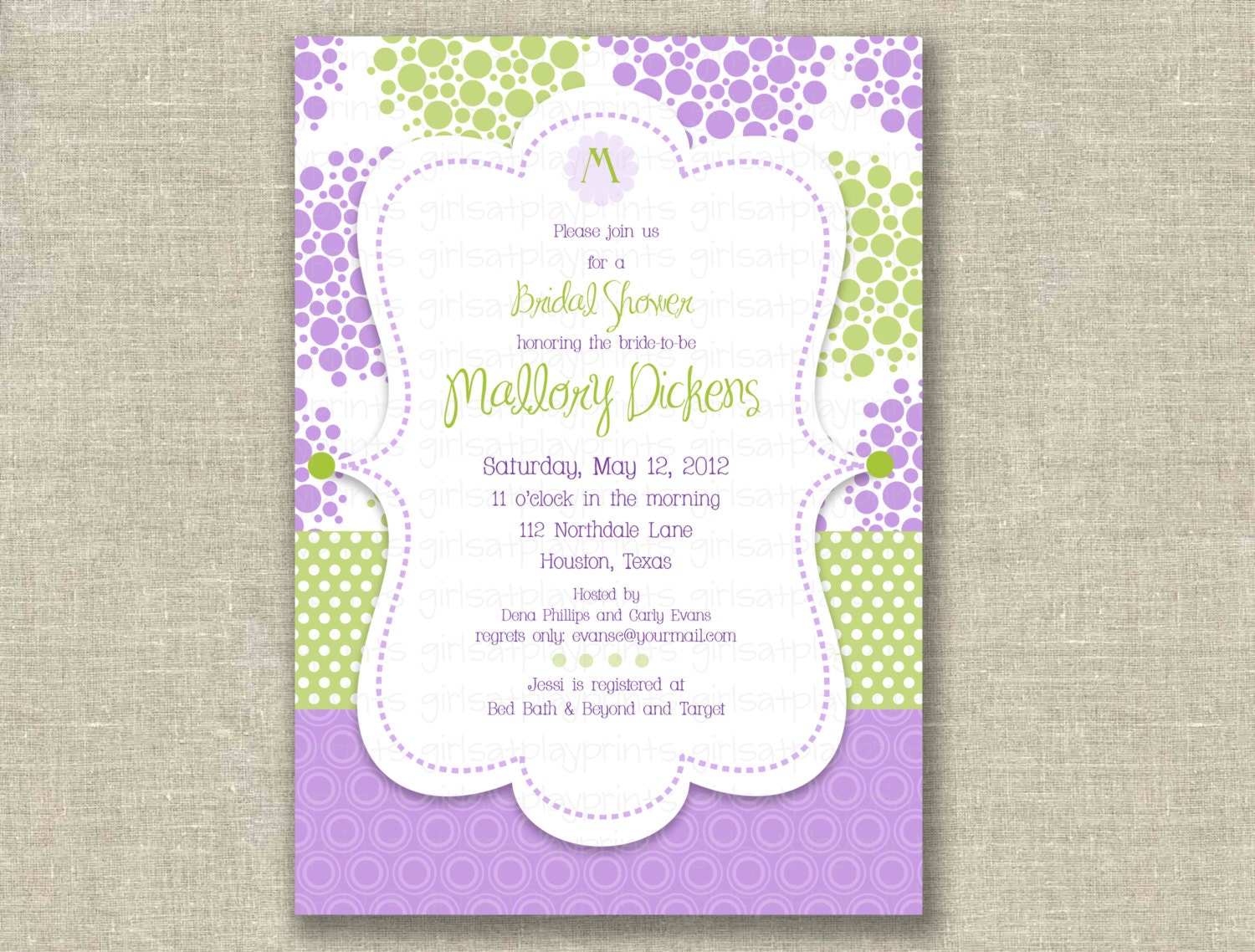 Modern Bridal Shower Invitation Invite Baby ShowerLavender Purple Lime Kiwi green Dots Printable by girlsatplay Il_570xn