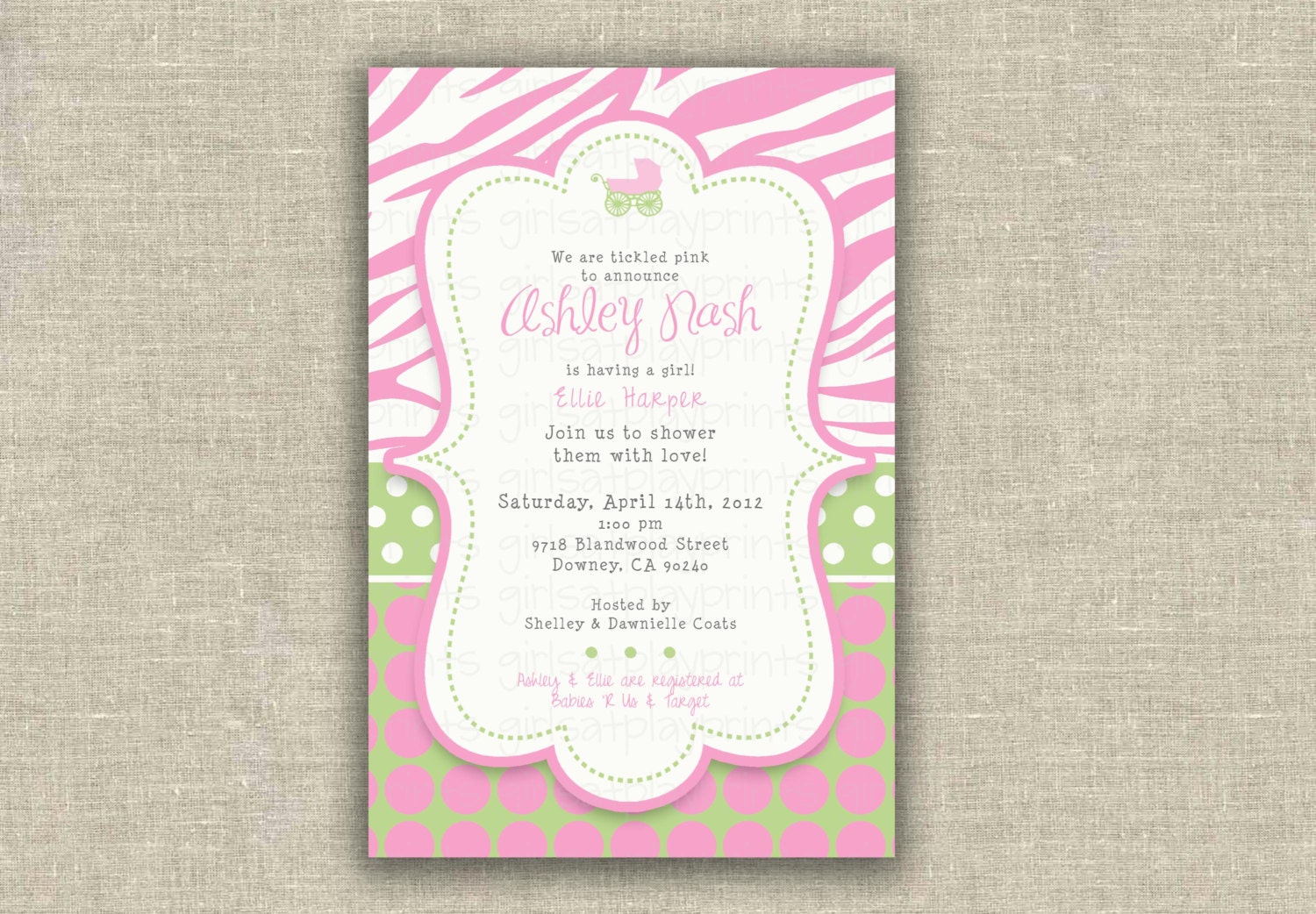 Baby Shower Girl Invitation Owl Butterfly Pink Green Birthday  - Printable DIGITAL - by girls at play girlsatplay