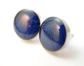 Computer Circuit Board Stud Earrings Sterling Silver Circle Blue