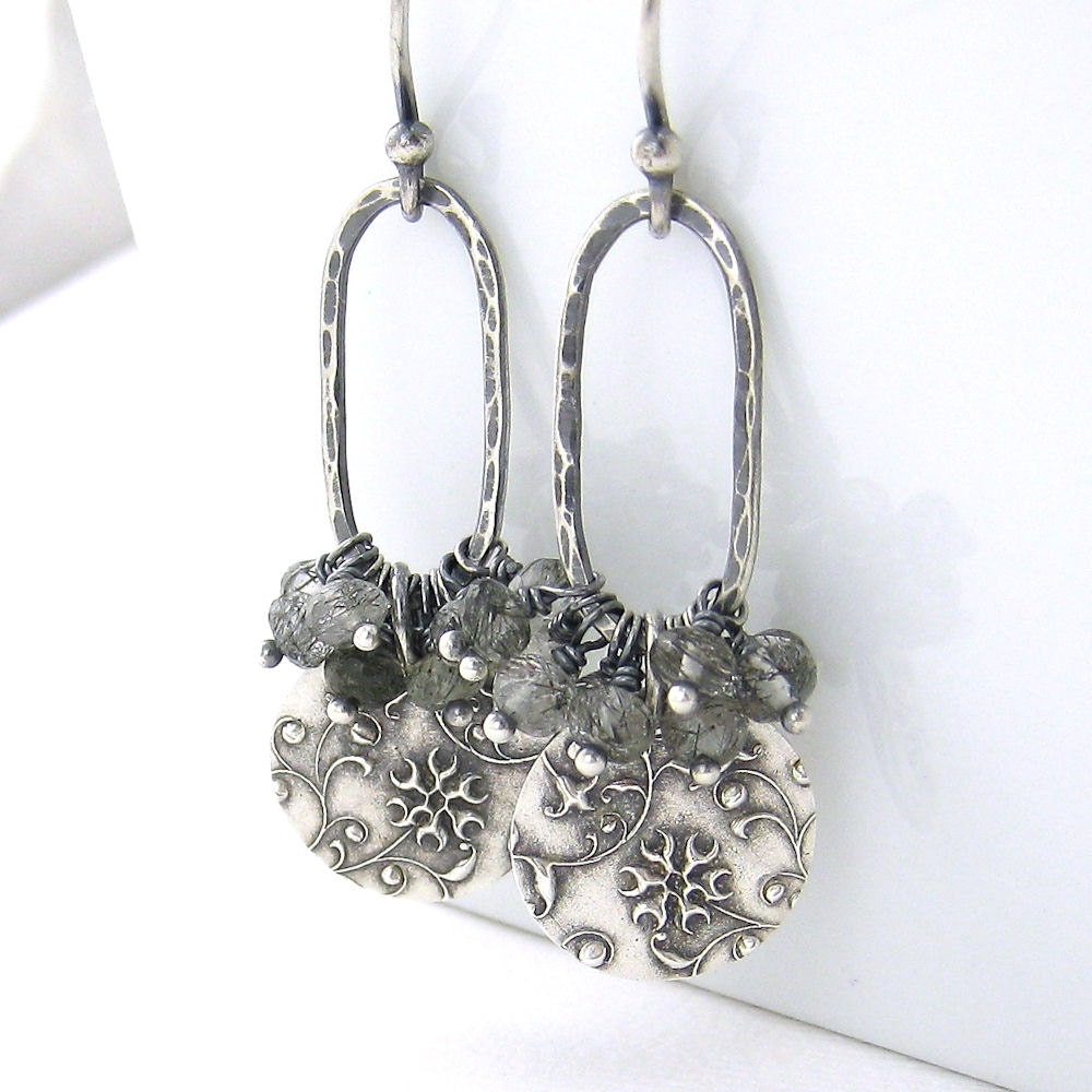 Black Tourmalinated Quartz Earrings Sterling Silver Flower Jewelry Black and White Gray Handmade Gemstone Jewelry Beth No. 38