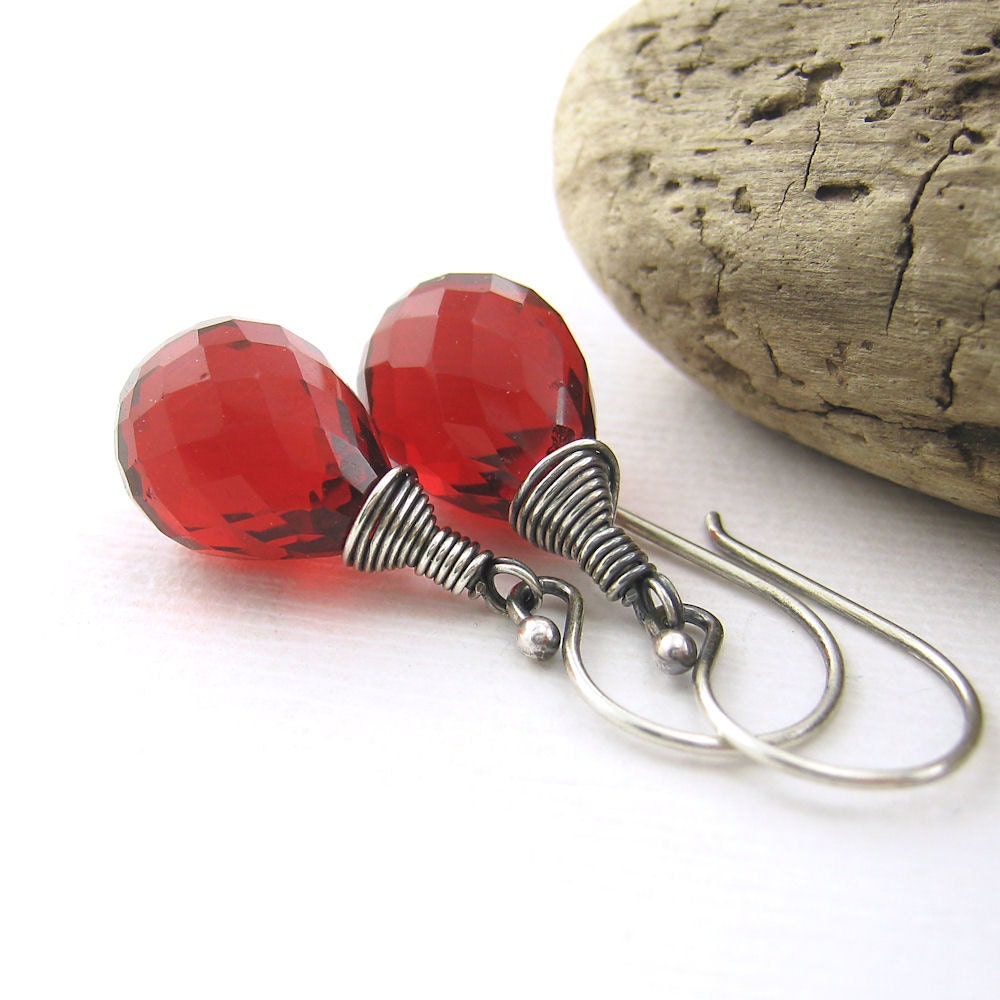 Red Quartz Earrings, Sterling Silver Petite Drops, Handmade Jewelry, Wire Wrapped Earrings