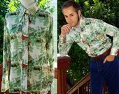 London Station 1970's Vintage Green and Brown Scenic Polyester Button Down Shirt with Pointed Collar by KOKOBAY size Medium