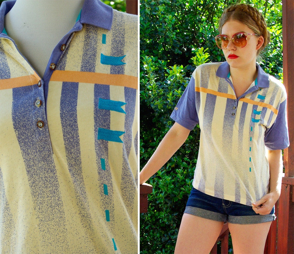IXSPA 1980's Men's Vintage Butter Yellow and Blue Polo Shirt with Embroidered Flags by Jamie Sadock // size Small