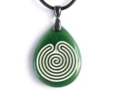 Chakravyuha Labyrinth - Engraved Stone Pendant Necklace - Green Dyed Jade