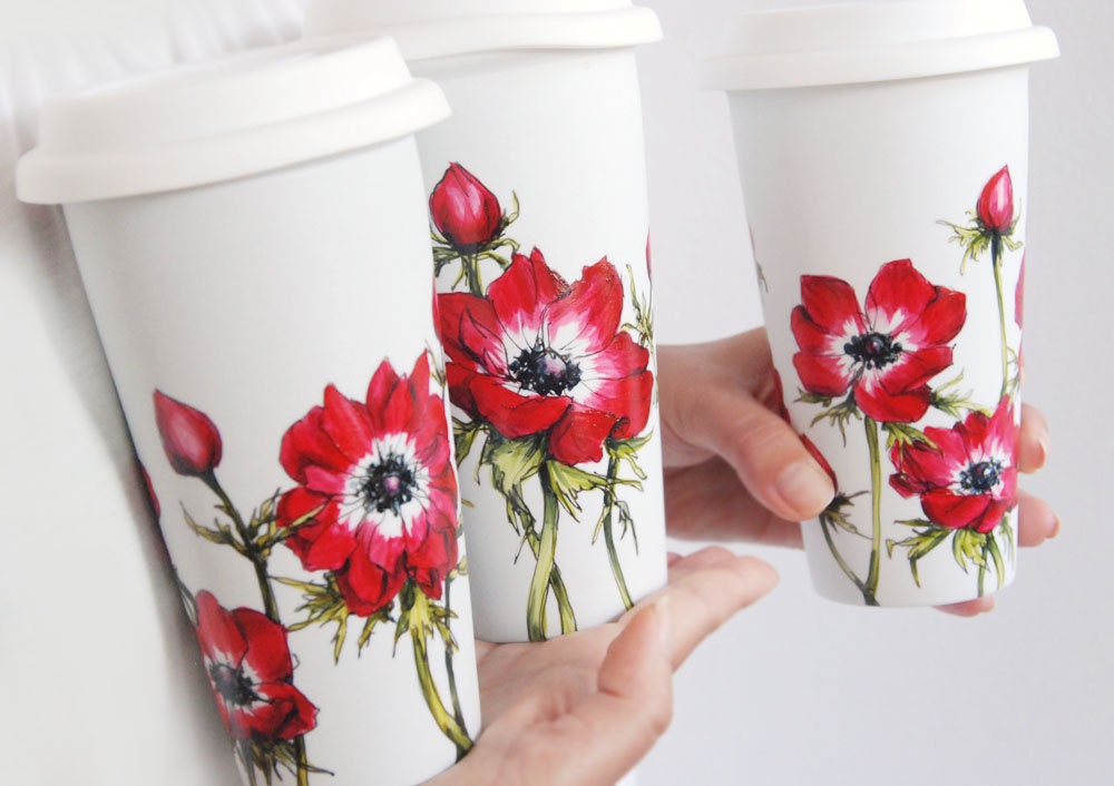 White Ceramic Travel Mug Double Walled Porcelain with Lid - Anemonies, Botanical Collection