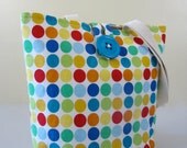 Rainbow Polka Dots Blue Button Small Canvas Tote Bag