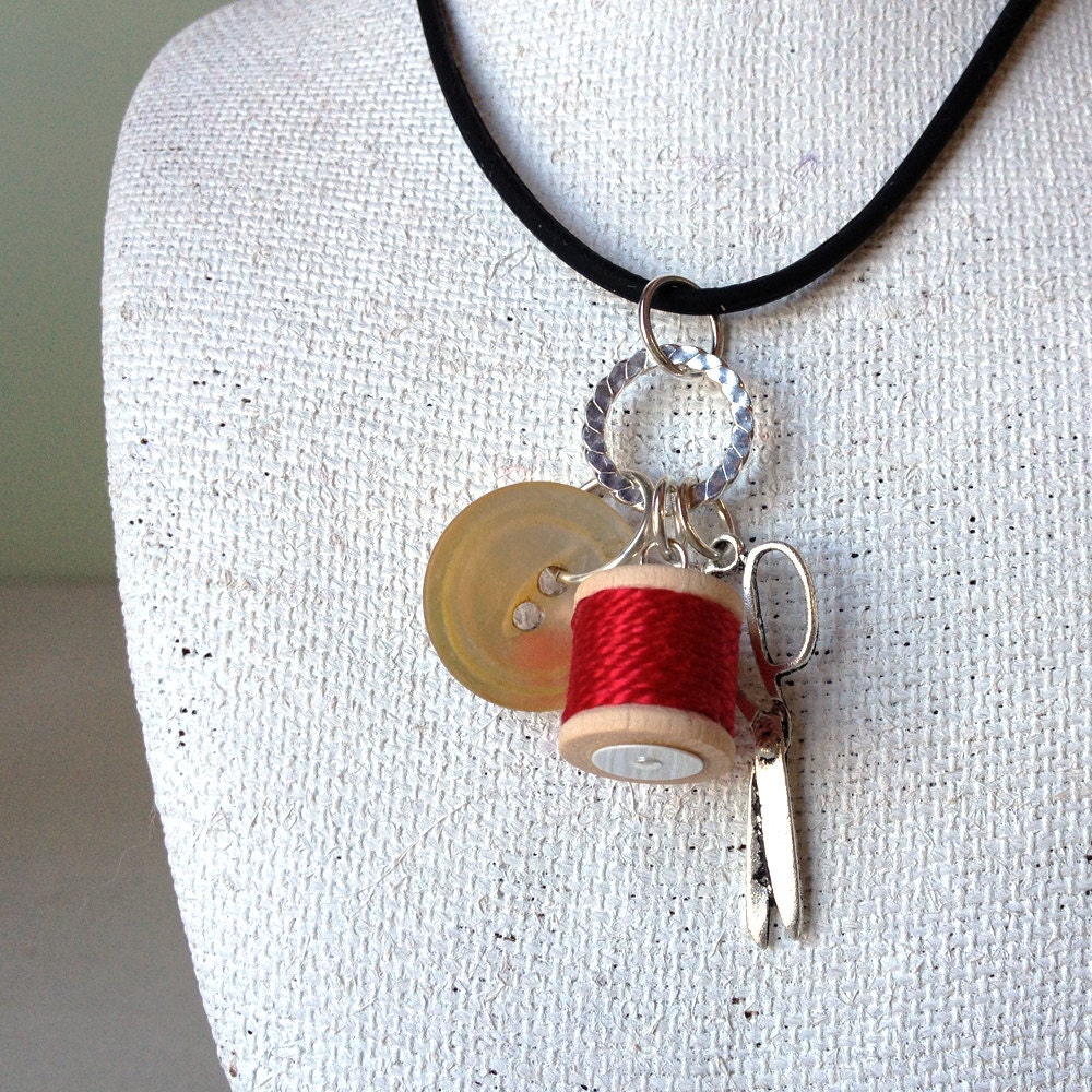 Charm necklace - Spool of thread, scissors, and vintage button