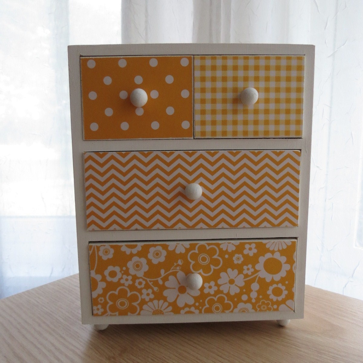 Wooden 4 Drawer Large Trinket Treasure Box - Monochromatic Yellow Patterns