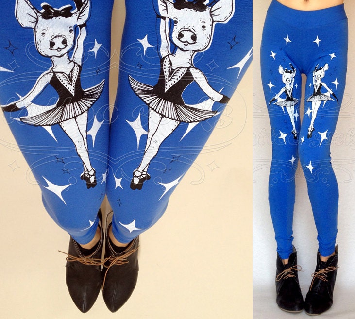 S Let's Dance blue cotton hand printed skinny leggings / footless tights pig ballet dancer