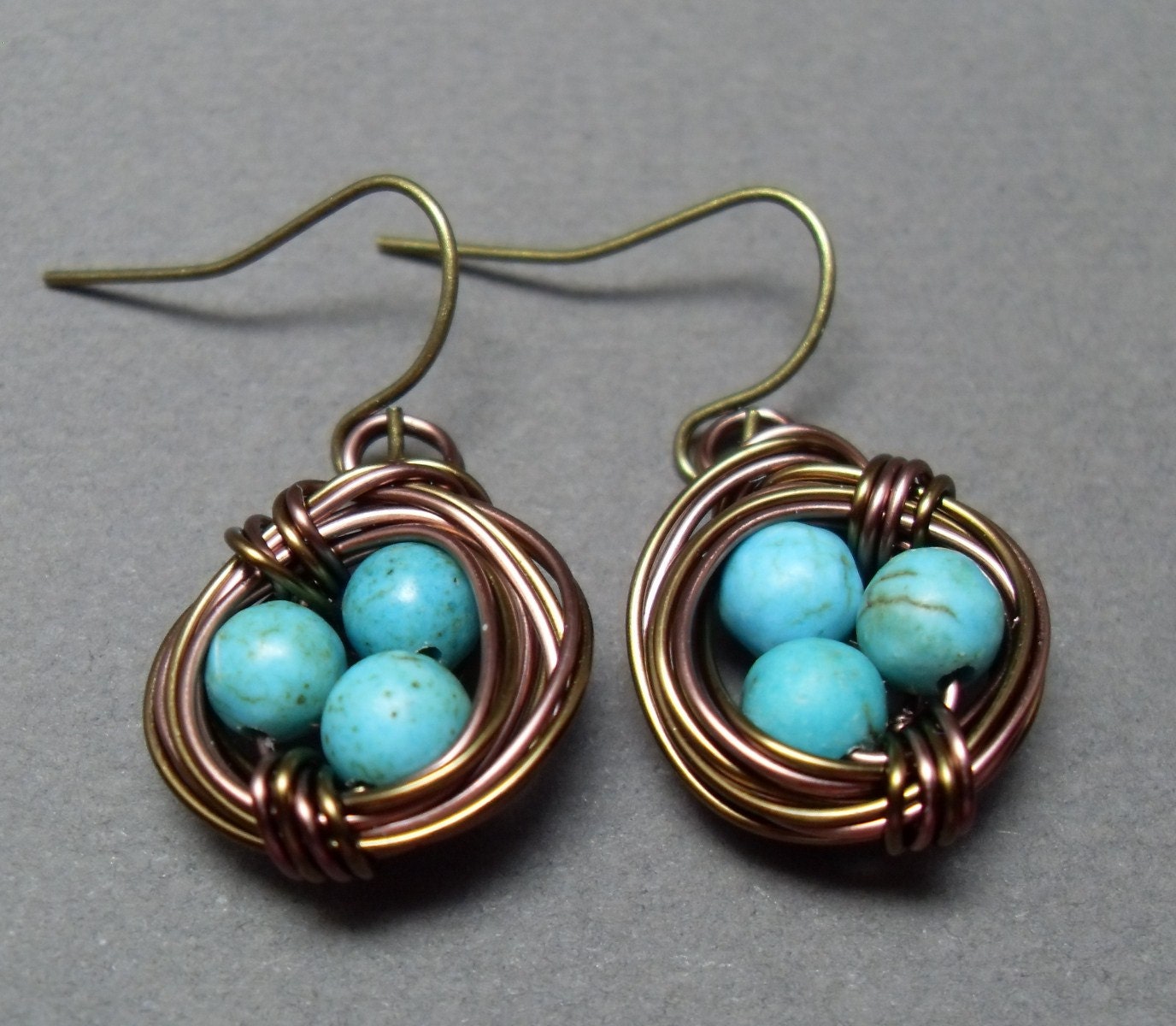 Robin's Egg Nest Earrings in Antiqued Brass & Copper A Nest Adorned