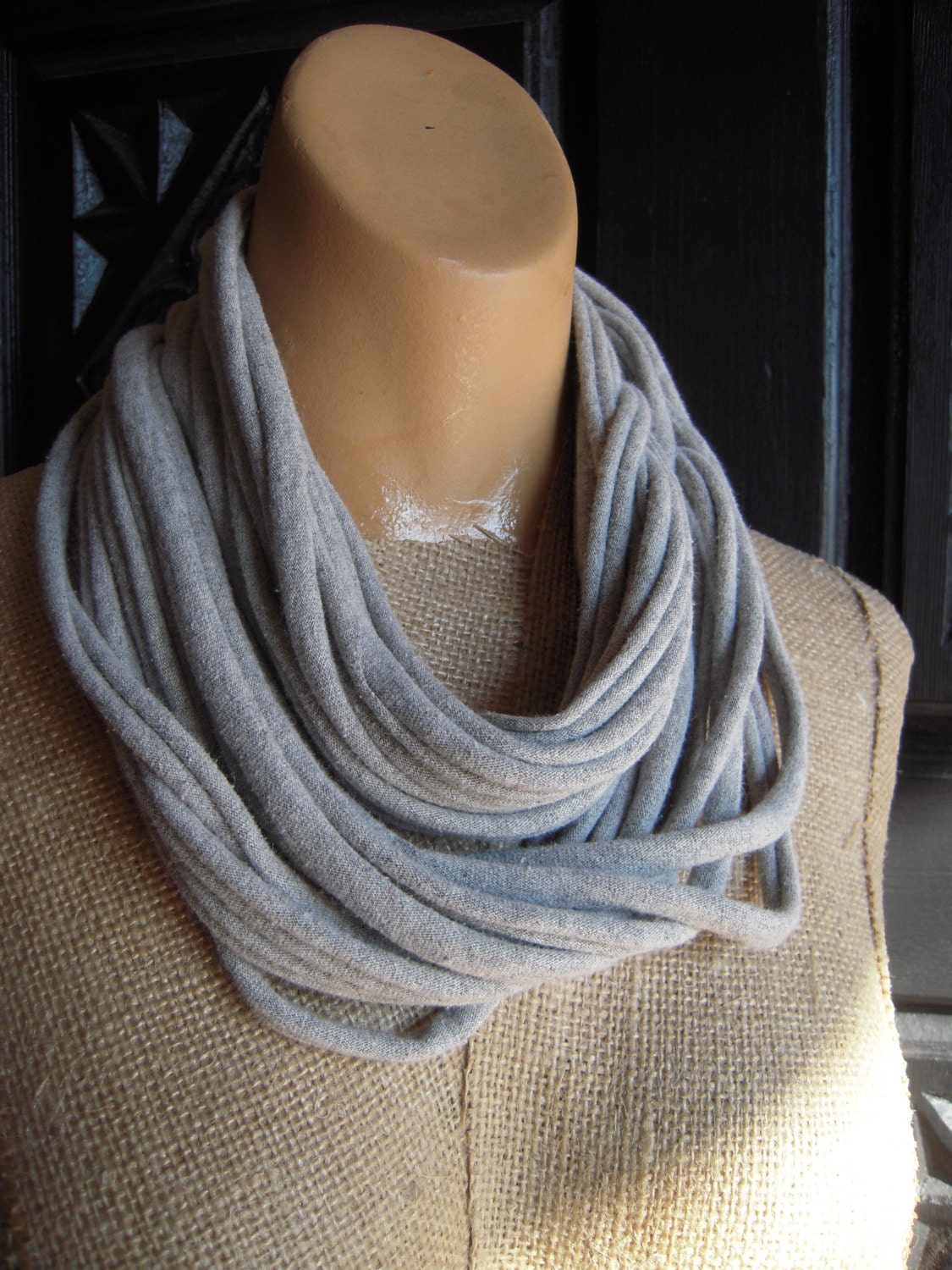 Gray Jersey Scarf Upcycled Layered Tshirt Scarf Necklace