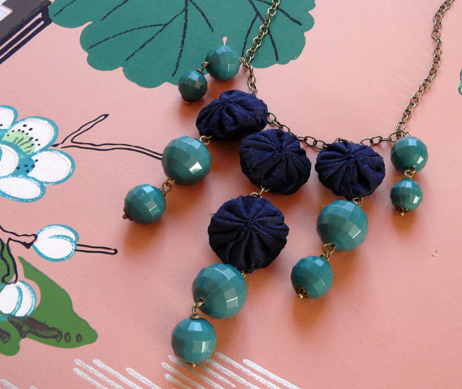 blue bayou - vintage lucite beads and silk yoyo bubble necklace