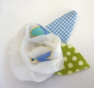 Flower brooch corsage white with fabric leaves - Textile Jewelry - Wedding corsage- Spring Fashion - Mother's day Special
