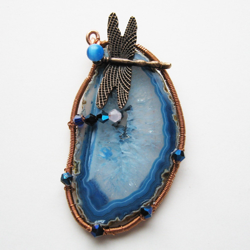 Blue Agate Slab Wire Wrapped Pendant with Dragonfly