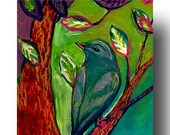 The NeverEnding Story No 102 (sparrow in green) - ORIGINAL Painting on 6x6 Wood Block by JENLO