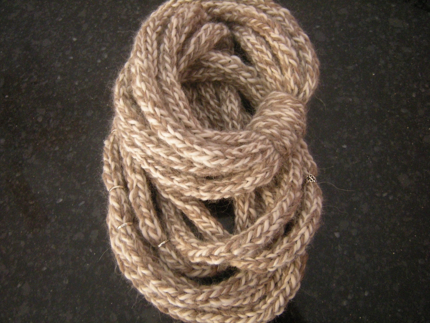 Knit Necklace in Soft Alpaca, Cream Ecru and Light Brown with Beads