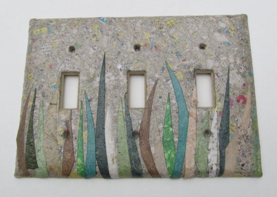 Decorative Tripple Grass Wall Decor Light Switch Plates, upcycled with handmade paper from reclaimed materials with Newspaper backround