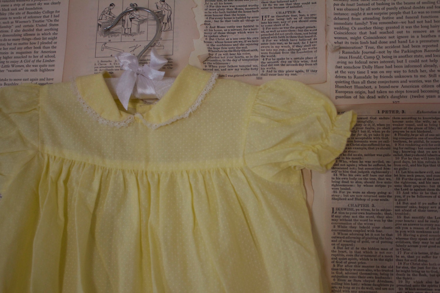 Vintage Yellow Baby Swiss Dot Dress - Retro LIttle Girls Lace Button Dress - Clothes Clothing - 1st Birthday Dress - Spring Dress