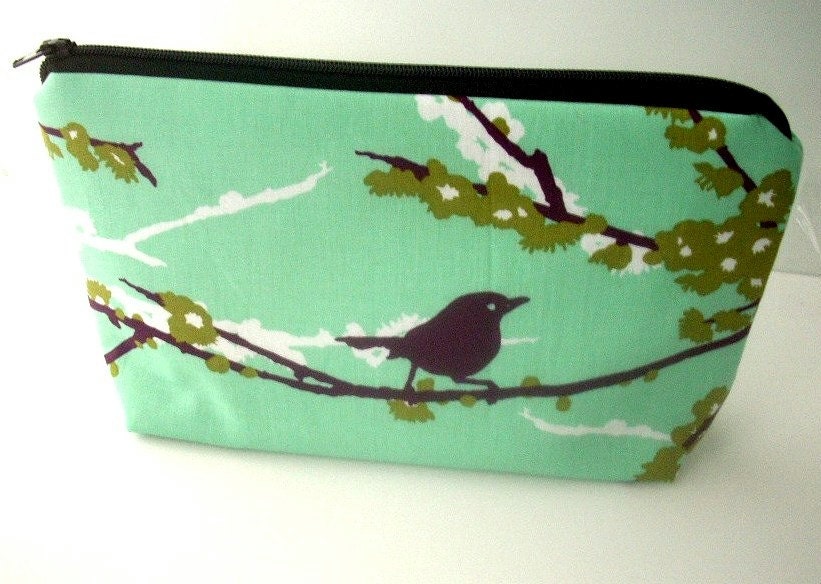 Large Cosmetic Bag Flat bottom Zipper Pouch Padded ECO Friendly Sparrows on Aqua Blue