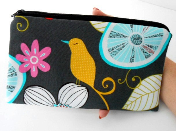 Large Zipper Pouch Cosmetic Bag ECO Friendly Padded  NEW Yellow Birdie