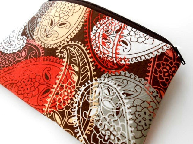 Large Zipper Pouch Clutch Bag ECO Friendly Padded NEW  Large Paisley on Brown