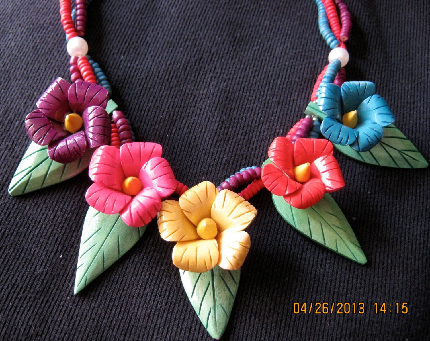 Stunning Fun Wooden Flowers 3 strand Necklace