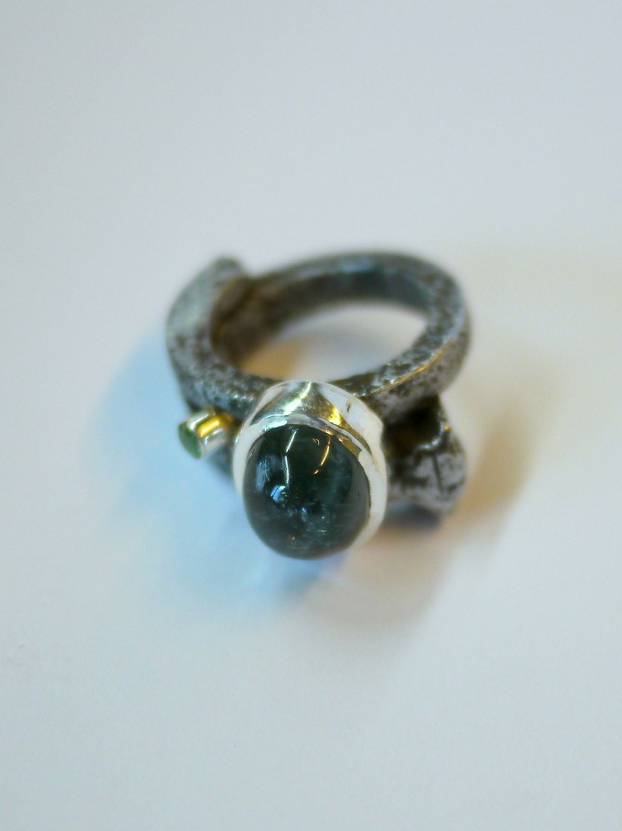 Antique Roofing Nail Ring Set With Aquamarine and Tsavorite Garnet