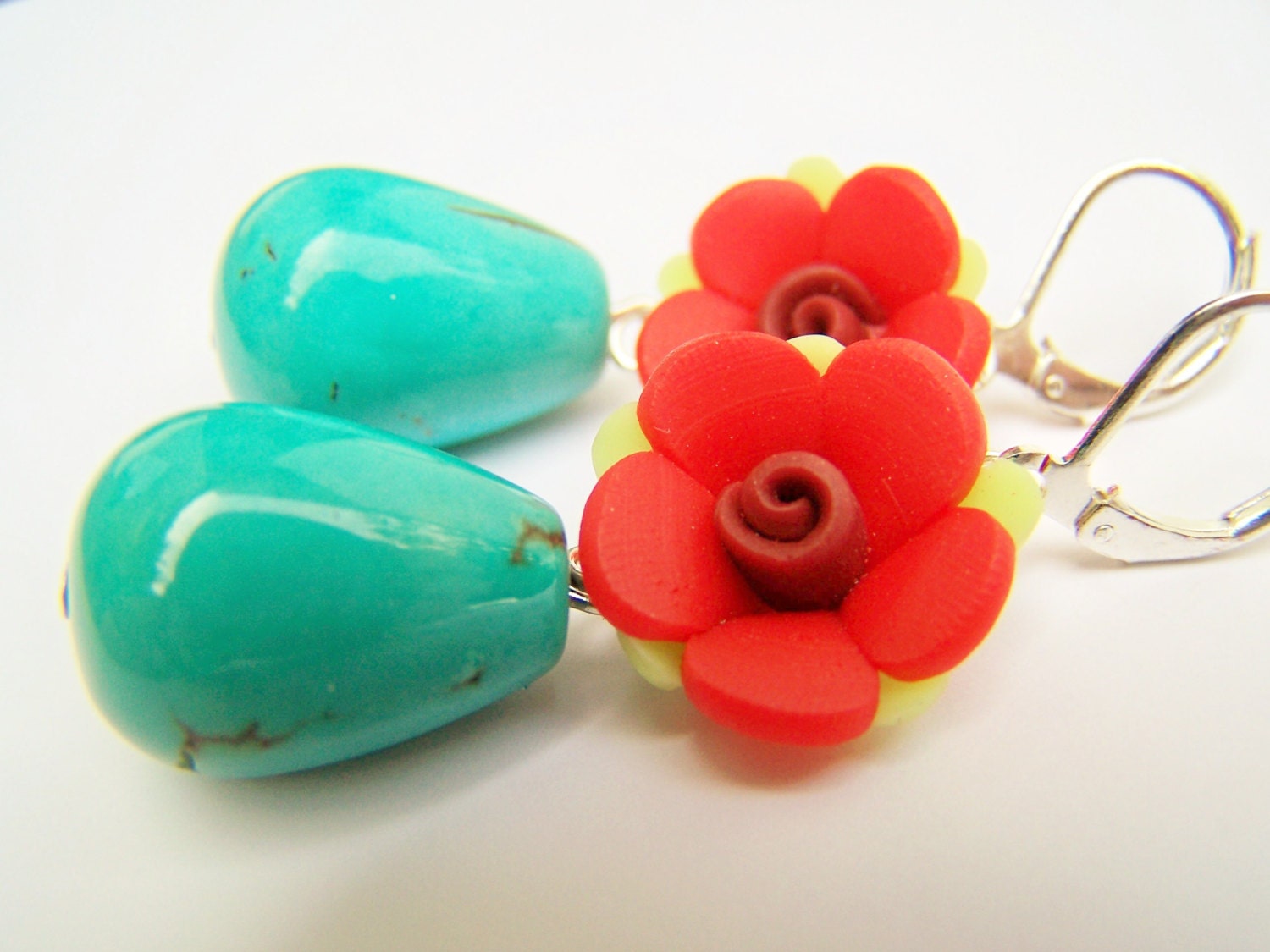 Red & Turquoise Frida Kahlo Earrings - Carmen - Clay Flowers and Stone Drops on Leverbacks