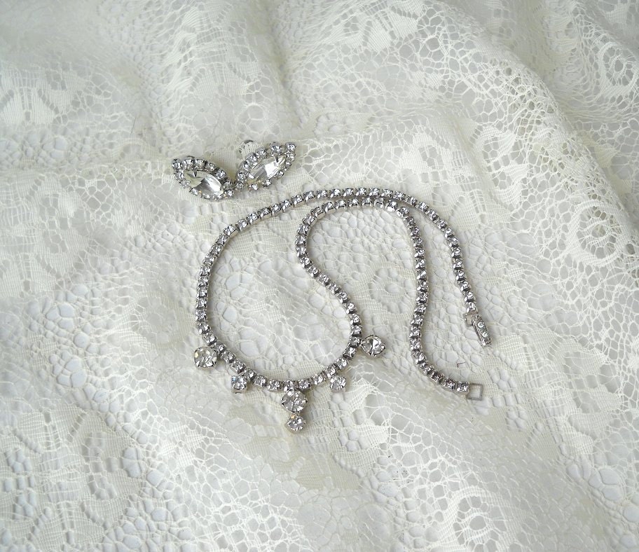 Vintage Rhinestone Necklace & Earrings Wedding Demi Parure Formal