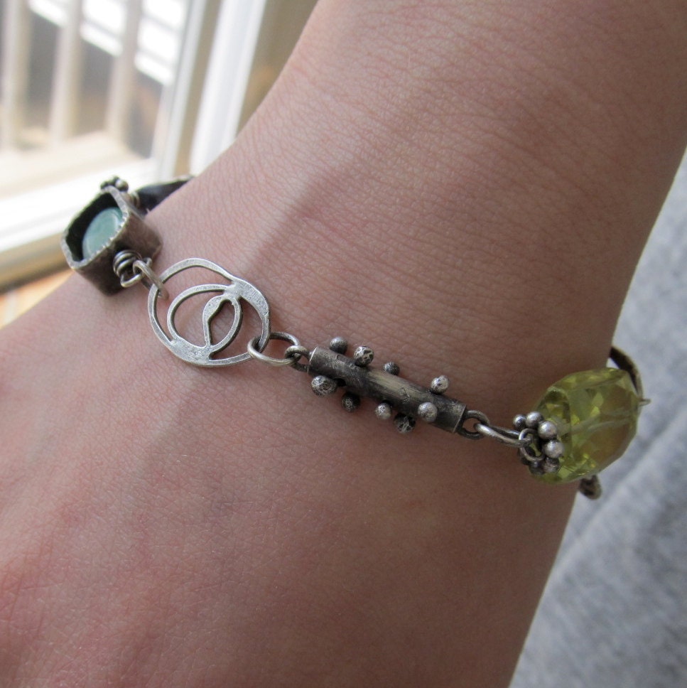 Sterling silver Charm BRACELET Funky Artsy Wire Wrapped Gemstone beach inspired sea summer