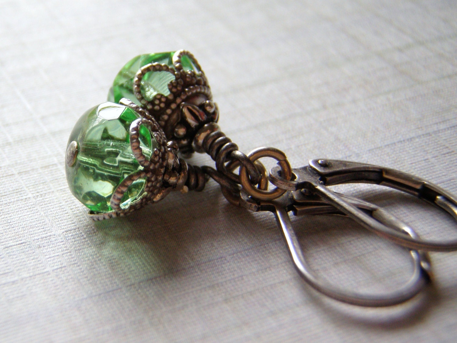 Peridot Green Earrings Czech Glass  Antique Silver lever Back Ear Wire