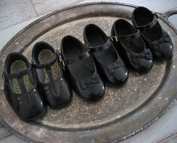 3 Pair Vintage Shoes Baby Girl Black Patent Leather