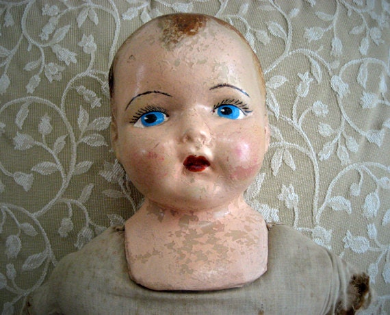 Large Shabby Tattered Antique Composition Baby Doll