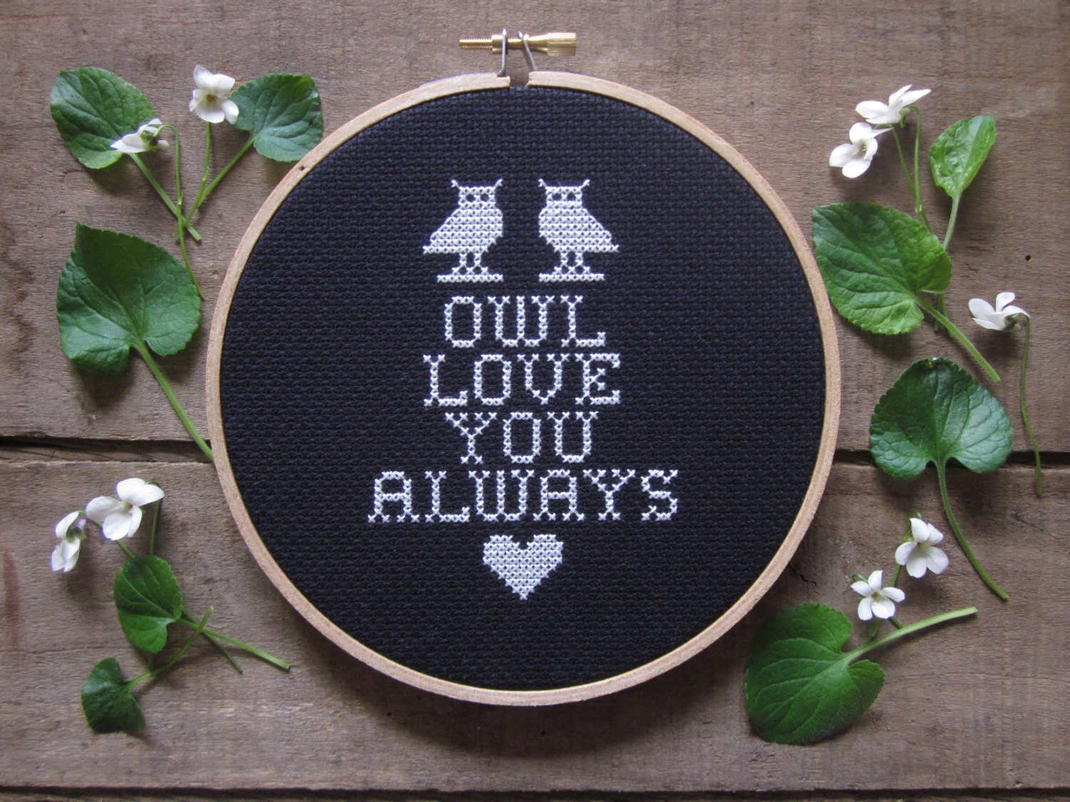 do-it-yourself kit - owl love you always cross stitch - to be framed in the included 6 inch wooden embroidery hoop