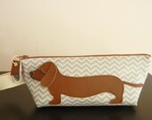 BBQ the Dachshund Grey Chevron Stripes Cotton Canvas Carry All Case Vinyl Applique