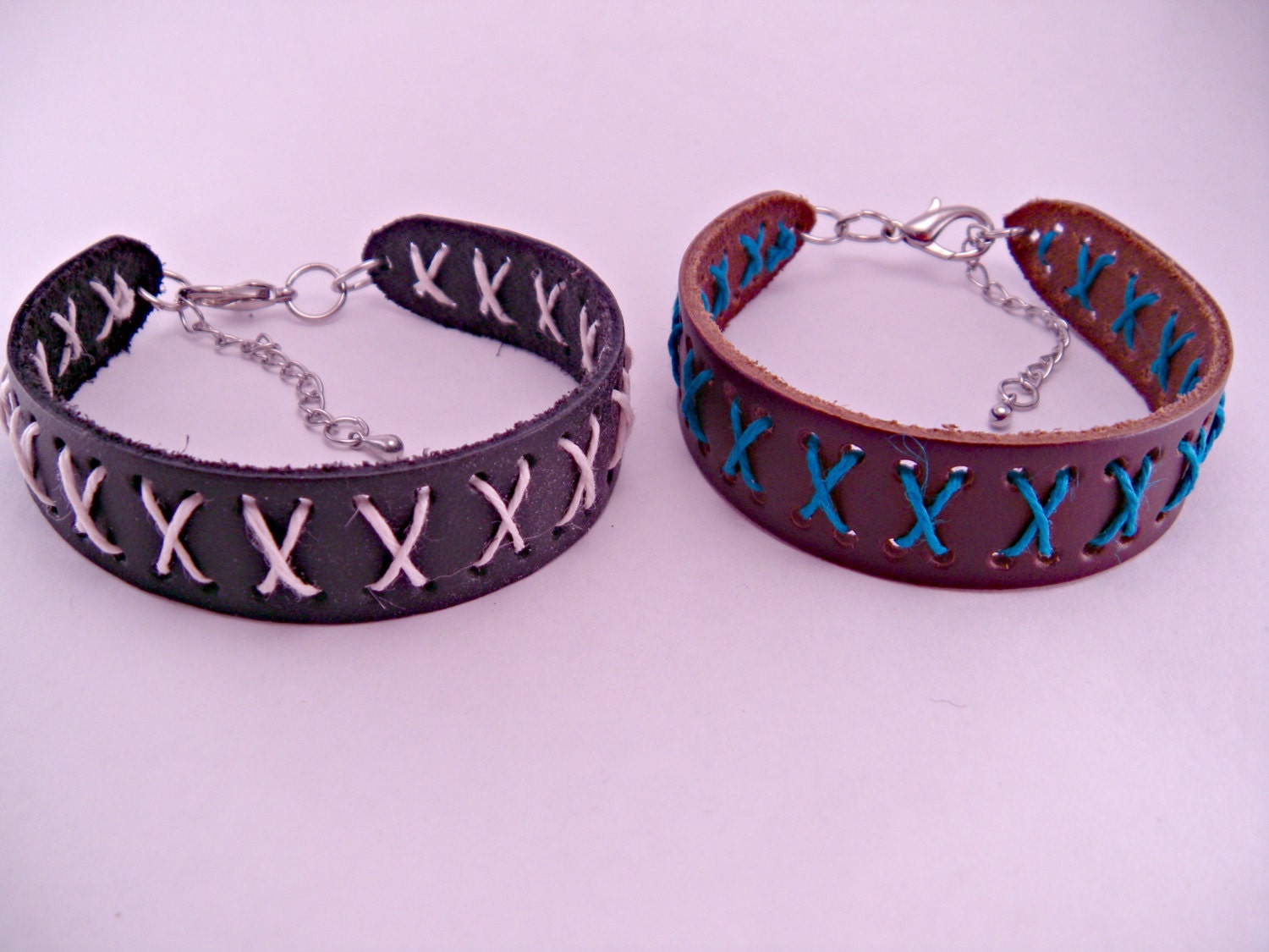You Choose Color Brown or Black Leather Band 7 Inch Bracelet and Choose Color of String
