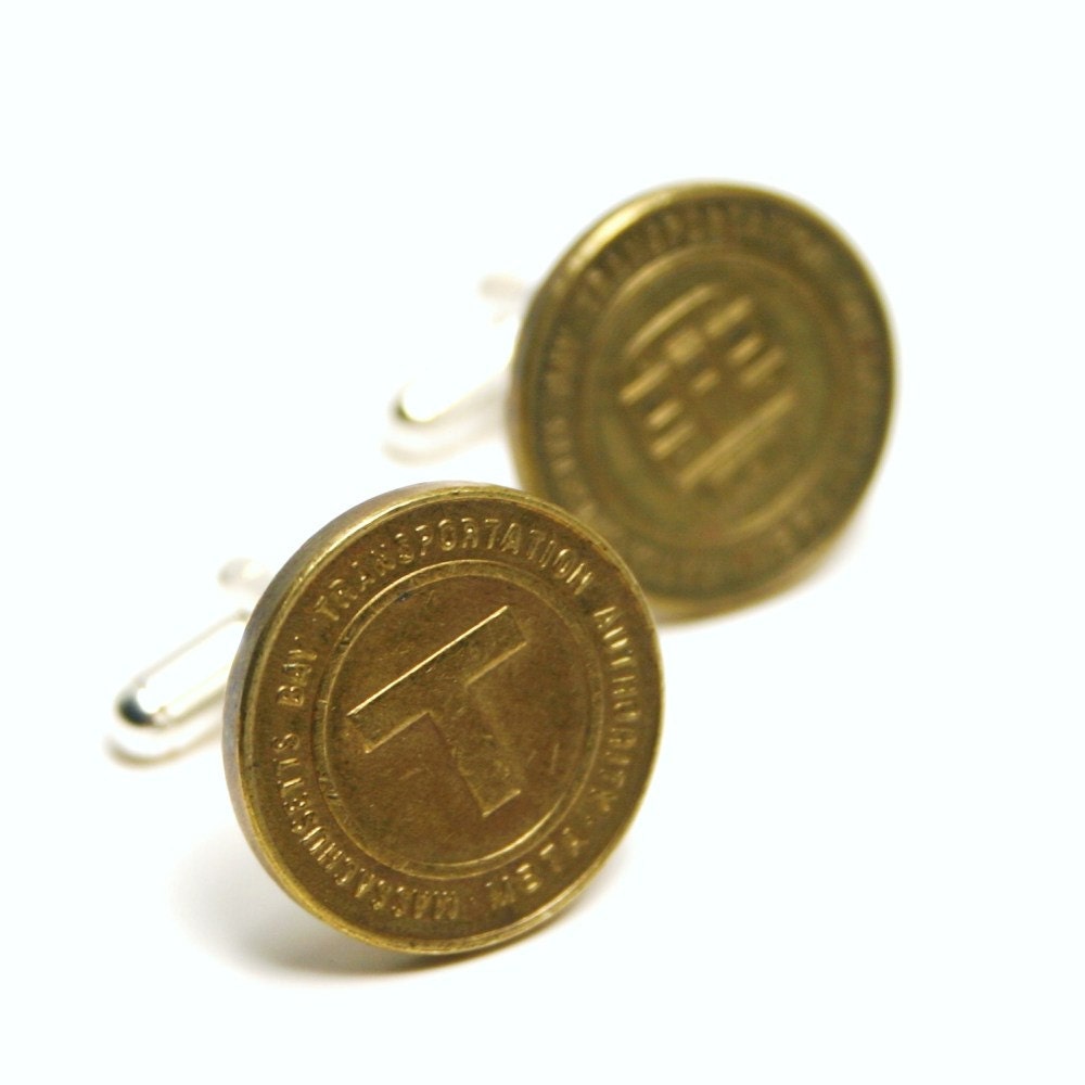 Cufflinks Boston MA Vintage Subway T Token - Simple Mens Brass Accessory for Him - Etsy Dudes - Love that Dirty Water - Opposing Sides