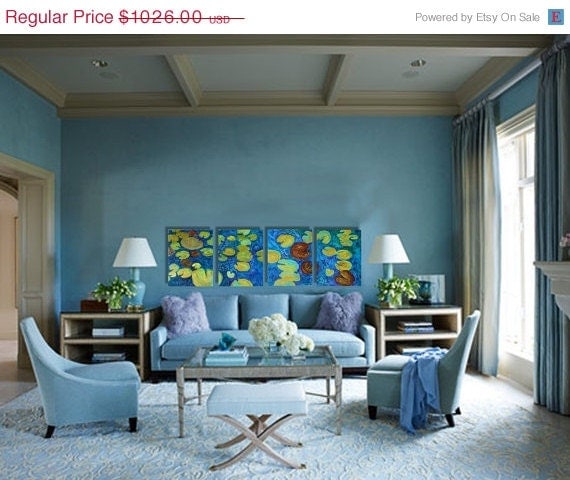 Buy buy home decors - light blue modern home decor water lily painting abstract art landscape canvas artwork oversized wall contemporary, jade citrine teal bronz